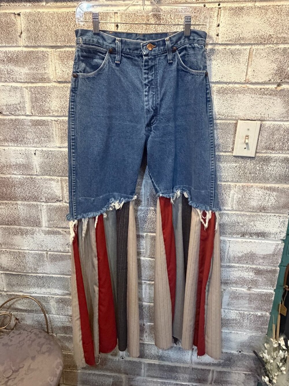Vintage Wrangler Upcycled Fringe Patchwork Jeans Boho Festival Western - Picture 2 of 5